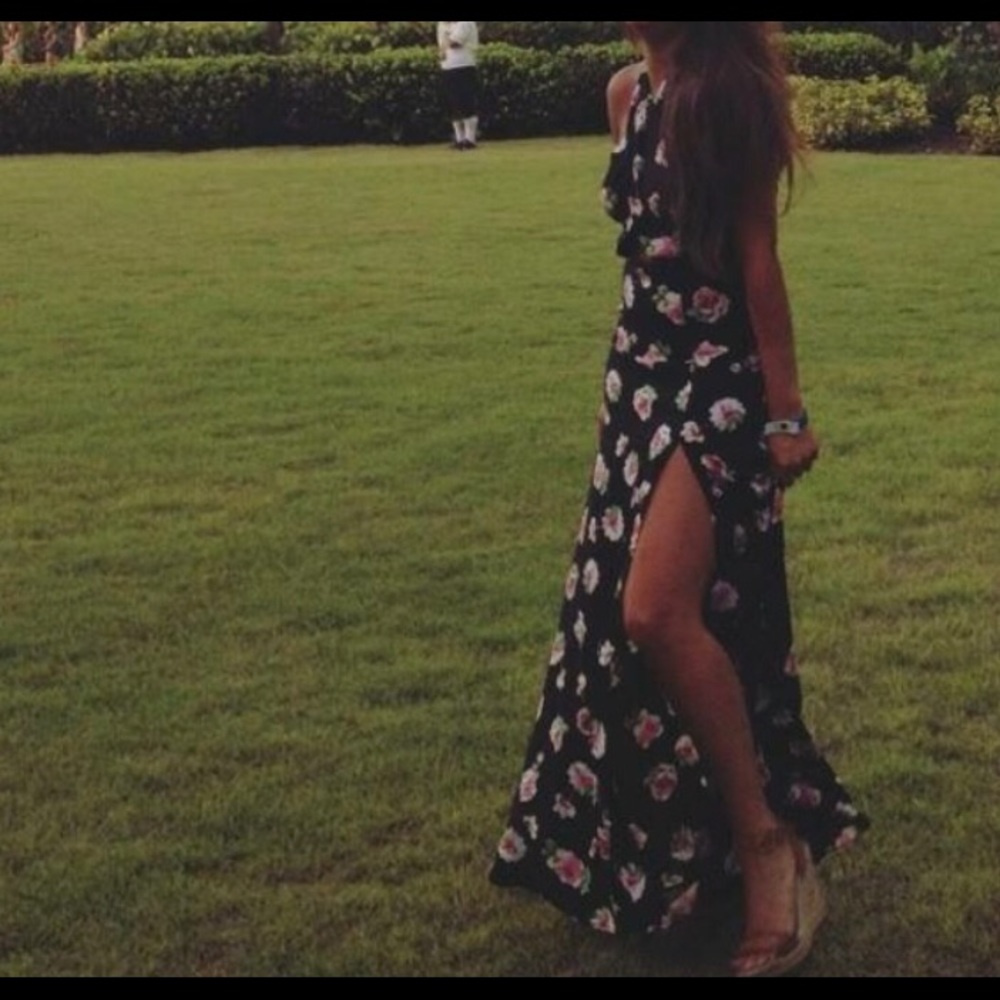 Hawaiian print maxi dress with leg slit